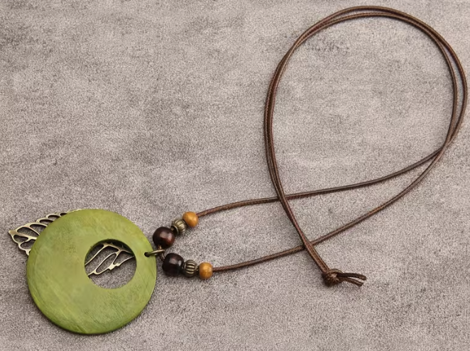 Wooden Disc Pendant Necklace with Antique Gold Leaf, Long Leather Cord
