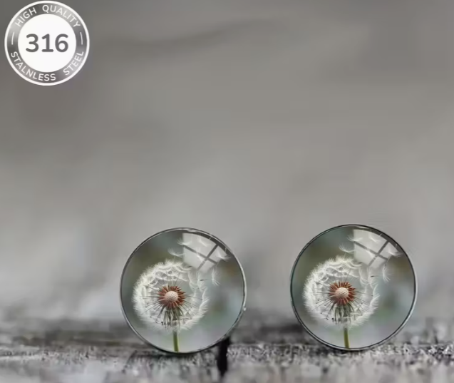 Art Image Glass Dome Stud Earrings, 316 Stainless Steel, Multiple Styles