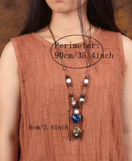 Blue Ceramic Heart Pendant Necklace with Bronze Leaf Charm, Long Adjustable Cord