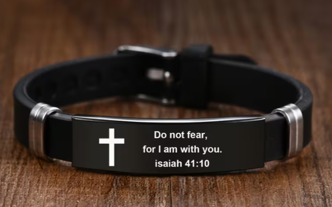 Men's Scripture Bracelet, Stainless Steel Cross Plate on Black Silicone Band