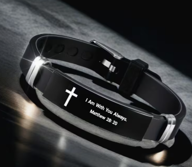Men's Scripture Bracelet, Stainless Steel Cross Plate on Black Silicone Band