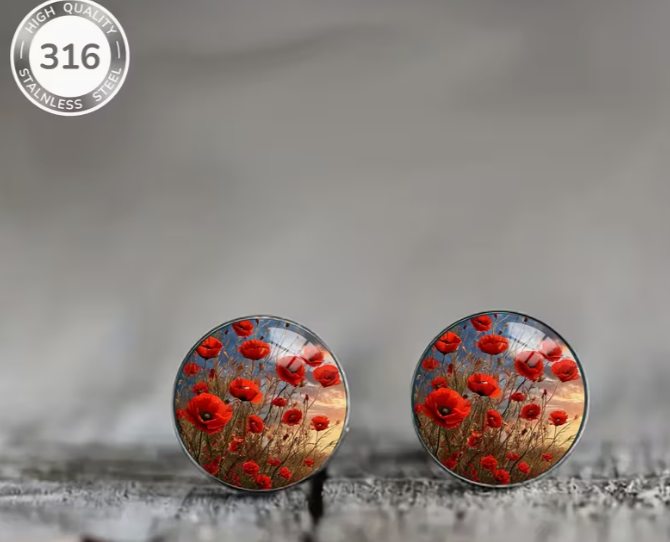 Art Image Glass Dome Stud Earrings, 316 Stainless Steel, Multiple Styles