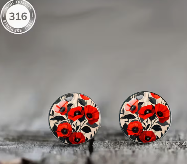Art Image Glass Dome Stud Earrings, 316 Stainless Steel, Multiple Styles