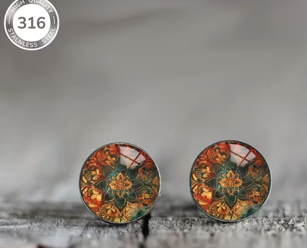 Art Image Glass Dome Stud Earrings, 316 Stainless Steel, Multiple Styles