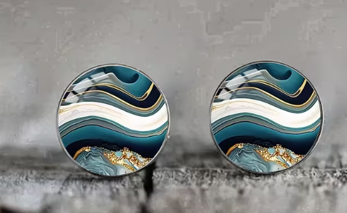 Art Image Glass Dome Stud Earrings, 316 Stainless Steel, Multiple Styles