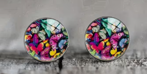 Art Image Glass Dome Stud Earrings, 316 Stainless Steel, Multiple Styles