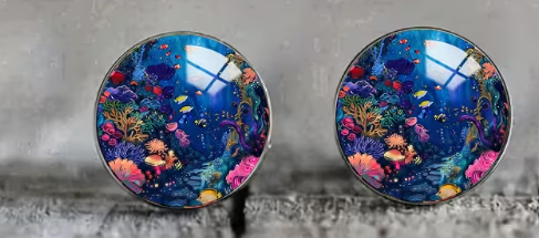 Art Image Glass Dome Stud Earrings, 316 Stainless Steel, Multiple Styles