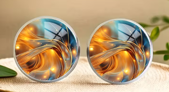Round glass dome stud earrings with a swirling gold and teal abstract design in silver-tone settings